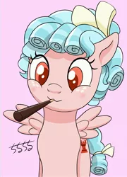 Size: 1247x1729 | Tagged: safe, artist:chiruchiru, derpibooru import, cozy glow, pegasus, pony, blushing, female, filly, foal, food, image, jpeg, mouth hold, pink background, pocky, simple background, solo