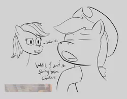 Size: 1186x925 | Tagged: safe, artist:rottenthemaker, derpibooru import, applejack, rainbow dash, pony, derpibooru exclusive, dialogue, duo, duo female, female, image, monochrome, png, sketch, team fortress 2