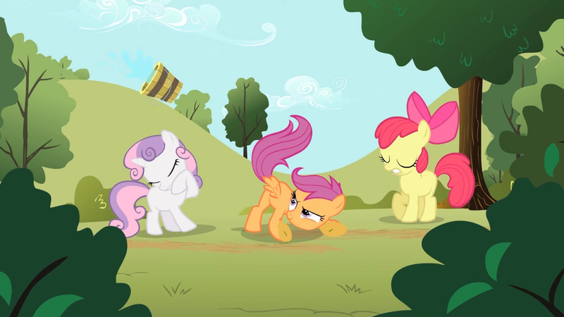 Size: 3410x1920 | Tagged: safe, derpibooru import, screencap, apple bloom, scootaloo, sweetie belle, earth pony, pegasus, pony, unicorn, season 1, the cutie mark chronicles, apple bloom's bow, bow, bucket, cutie mark crusaders, eyes closed, female, filly, foal, hair bow, high res, image, jpeg, smiling, spread wings, trio, wings