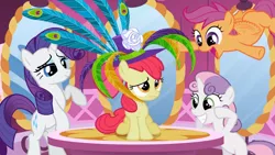 Size: 3410x1920 | Tagged: safe, derpibooru import, screencap, apple bloom, rarity, scootaloo, sweetie belle, earth pony, pegasus, pony, unicorn, season 2, the cutie pox, apple bloom's bow, bipedal, bow, carousel boutique, cutie mark crusaders, female, filly, flying, foal, grin, hair bow, high res, image, jpeg, mare, open mouth, open smile, scootaloo can fly, smiling, spread wings, wings