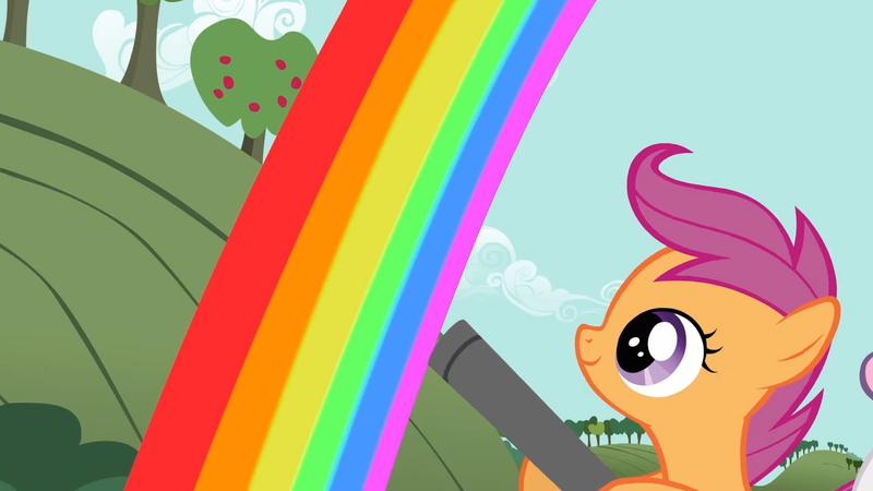 Size: 3410x1920 | Tagged: safe, derpibooru import, screencap, scootaloo, sweetie belle, pegasus, pony, unicorn, hearts and hooves day (episode), season 2, cloud, female, filly, foal, high res, image, jpeg, offscreen character, rainbow, smiling, solo focus, tree, vacuum cleaner