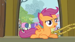 Size: 3410x1920 | Tagged: safe, derpibooru import, screencap, amethyst star, bon bon, scootaloo, sweetie drops, earth pony, pegasus, pony, unicorn, one bad apple, season 3, female, filly, foal, high res, image, jpeg, male, mare, open mouth, smiling, solo focus, spread wings, stallion, wings