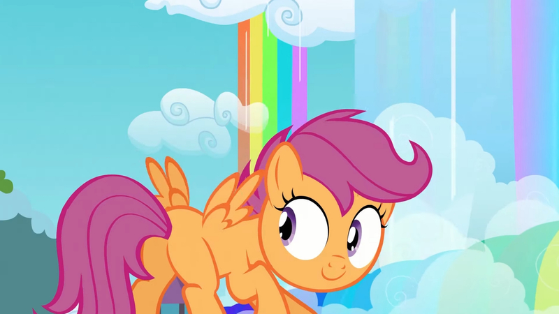 Size: 3410x1920 | Tagged: safe, derpibooru import, screencap, scootaloo, pegasus, pony, season 3, sleepless in ponyville, female, filly, foal, high res, image, jpeg, rainbow, smiling, solo, spread wings, wings