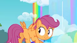 Size: 3410x1920 | Tagged: safe, derpibooru import, screencap, scootaloo, pegasus, pony, season 3, sleepless in ponyville, female, filly, foal, high res, image, jpeg, rainbow, smiling, solo, spread wings, wings