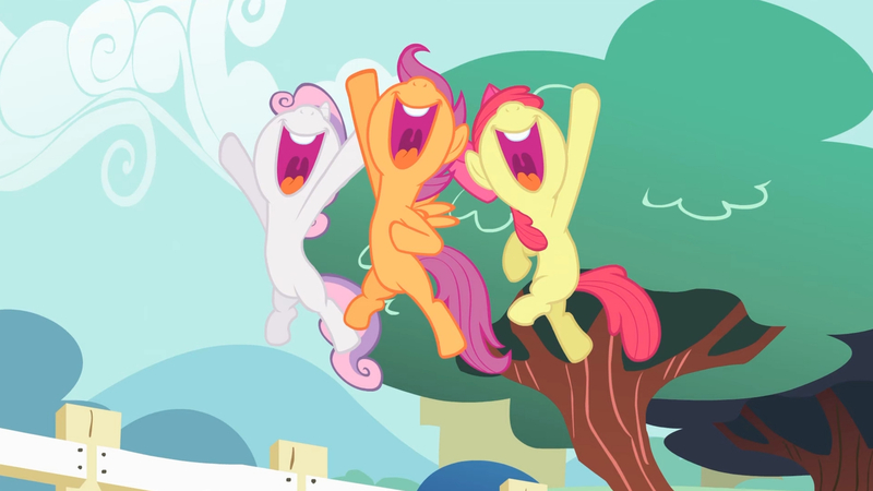 Size: 3410x1920 | Tagged: safe, derpibooru import, screencap, apple bloom, scootaloo, sweetie belle, earth pony, pegasus, pony, unicorn, flight to the finish, season 4, apple bloom's bow, bow, cutie mark crusaders, female, filly, foal, hair bow, high res, image, jpeg, nose in the air, open mouth, open smile, smiling, spread wings, trio, volumetric mouth, wings