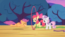 Size: 3410x1920 | Tagged: safe, derpibooru import, screencap, apple bloom, scootaloo, sweetie belle, earth pony, pegasus, pony, unicorn, flight to the finish, season 4, apple bloom's bow, bow, cutie mark crusaders, eyes closed, female, filly, flying, foal, hair bow, high res, image, jpeg, scootaloo can't fly, spread wings, trio, wings