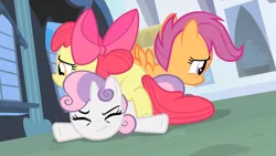 Size: 3410x1920 | Tagged: safe, derpibooru import, screencap, apple bloom, scootaloo, sweetie belle, earth pony, pegasus, pony, unicorn, for whom the sweetie belle toils, season 4, apple bloom's bow, bow, cutie mark crusaders, eyes closed, female, filly, foal, hair bow, high res, image, jpeg, spread wings, trio, wings