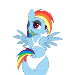 Size: 1080x1080 | Tagged: suggestive, artist:fajnyziomal, derpibooru import, rainbow dash, pegasus, pony, alternate hairstyle, bedroom eyes, cheek fluff, clothes, commission, goth, image, jpeg, simple background, smiling, solo, spread wings, swimsuit, white background, wings, your character here