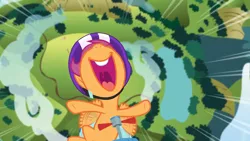 Size: 3410x1920 | Tagged: safe, derpibooru import, screencap, scootaloo, pegasus, pony, parental glideance, season 7, female, filly, flying, foal, helmet, high res, image, jpeg, nose in the air, open mouth, open smile, scootaloo can fly, scooter, smiling, solo, spread wings, volumetric mouth, wings