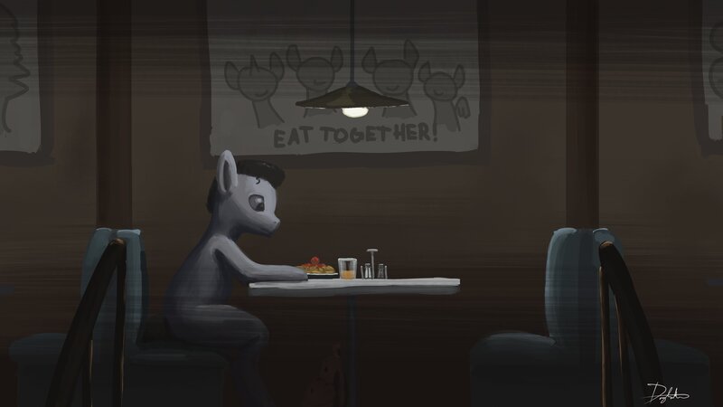 Size: 3840x2160 | Tagged: safe, artist:nutwubbs, derpibooru import, oc, unofficial characters only, condiments, dark, diner, dinner, drink, food, glass, image, jpeg, lonely, male, pasta, poster, restaurant, sitting, solo, spaghetti