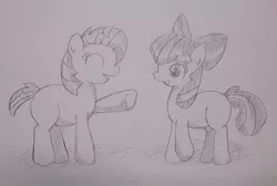 Size: 1280x859 | Tagged: safe, artist:up_p_ab, derpibooru import, apple bloom, babs seed, earth pony, pony, cousins, female, filly, foal, image, jpeg, sketch, traditional art