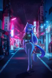 Size: 845x1267 | Tagged: safe, artist:hellcat120, derpibooru import, princess luna, alicorn, anthro, bag, bedroom eyes, belly button, breasts, building, busty princess luna, city, cityscape, clothes, detailed background, digital art, female, high heels, horn, horoscope, image, jeans, jewelry, jpeg, lamppost, looking at you, necklace, night, pants, pose, s1 luna, shirt, shoes, solo, tail, thighs, tokyo, wide hips