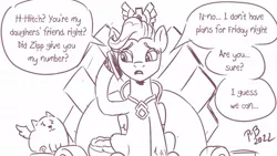 Size: 1200x675 | Tagged: safe, artist:pony-berserker, derpibooru import, cloudpuff, queen haven, pegasus, pony, crown, female, g5, hitchhaven, image, implied hitch trailblazer, jewelry, jpeg, mare, mobile phone, phone, pony-berserker's twitter sketches, pony-berserker's twitter sketches (2022), regalia, smartphone, throne