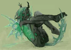 Size: 2876x2036 | Tagged: safe, artist:eyerealm, derpibooru import, queen chrysalis, anthro, changeling, changeling queen, plantigrade anthro, curled up, female, human facial structure, image, jpeg, solo