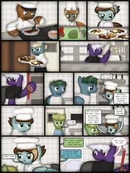 Size: 1750x2333 | Tagged: safe, artist:99999999000, derpibooru import, oc, oc:chen lifan, oc:firearm king, unofficial characters only, earth pony, pony, comic:journey, chef, chef's hat, clothes, comic, cook, cooking, door, egg (food), female, food, hat, image, kitchen, knife, male, mop, onion, pancakes, plate, png, tomatoes, vegetables