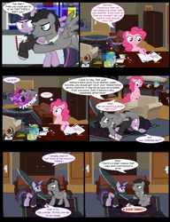 Size: 1042x1358 | Tagged: safe, artist:dendoctor, derpibooru import, doctor whooves, mean twilight sparkle, pinkie pie, time turner, twilight sparkle, twilight sparkle (alicorn), alicorn, pegasus, pony, comic:clone.., alternate universe, bits, book, bookshelf, bookstore, clone, colored pencils, comic, discord whooves, discorded whooves, female, glow, hat, image, jpeg, magic, male, paper, pencil, pinkie clone, red eyes, swear jar, teleportation, test tube