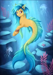 Size: 2480x3508 | Tagged: safe, artist:puggie, derpibooru import, oc, oc:calypso, unofficial characters only, jellyfish, merpony, seapony (g4), starfish, air bubble, blue mane, bubble, crepuscular rays, dorsal fin, female, fins, fish tail, flowing tail, high res, image, lidded eyes, looking at you, mermay, ocean, png, purple eyes, rock, sharp teeth, smiling, smiling at you, solo, sunlight, tail, teeth, underwater, water