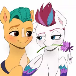 Size: 1378x1378 | Tagged: safe, artist:hanabira_18, derpibooru import, hitch trailblazer, zipp storm, earth pony, pegasus, blushing, female, flower, g5, hitchzipp, image, jpeg, looking at each other, looking at someone, male, shipping, simple background, smiling, straight, white background, wings