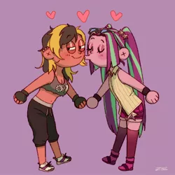 Size: 2048x2048 | Tagged: safe, artist:zie, derpibooru import, aria blaze, oc, oc:high gear, earth pony, human, siren, equestria girls, armband, clothes, humanized, image, jpeg, kiss on the cheek, kissing, pigtails, smiling, socks, sunglasses, tanktop, thigh highs, twintails