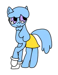 Size: 513x664 | Tagged: safe, derpibooru import, oc, oc:mary janes, earth pony, pony, blue hair, blue mane, blue tail, clothes, cute, female, g4, gloves, image, mare, marybetes, png, purple eyes, raised hoof, raised leg, simple background, skirt, smiling, solo, tail, trace, transparent background, yellow skirt