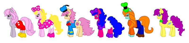 Size: 1323x306 | Tagged: safe, artist:mattiedrawsponies, derpibooru import, bon bon (g1), bright eyes, clover (g1), melody, patch (g1), starlight (g1), earth pony, pony, my little pony tales, bondog (g1), bow, bowtie, bright eyedorable, clothes, cloverbetes, collar, costume, crossover, cute, daisy duck, disney, donald duck, female, g1, g1 adorabon, g1 to g4, g4, generation leap, goofy goof, hair bow, hat, image, mare, melobetes, mickey mouse, minnie mouse, pants, patchabetes, pluto (disney), png, sailor hat, shoes, short pants, simple background, skirt, stawwlight, white background