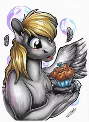 Size: 1920x2630 | Tagged: safe, artist:lupiarts, derpibooru import, derpy hooves, pegasus, pony, artwork, drawing, feather, female, food, illustration, image, jewelry, jpeg, mare, marriage proposal, muffin, ring, solo, traditional art, unshorn fetlocks, wings