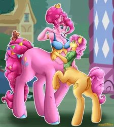 Size: 4580x5100 | Tagged: safe, artist:mailner, derpibooru import, li'l cheese, pinkie pie, anthro, centaur, earth pony, pony, taur, the last problem, absurd resolution, anthro centaur, armpits, centaur pie, centaurified, clothes, colored hooves, cute, cutie mark, daughter, female, hooves, huge mane, image, lipstick, mare, mother and child, mother and daughter, png, redesign, smiling, species swap