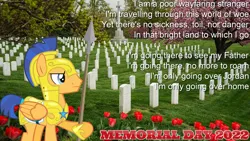 Size: 2064x1163 | Tagged: safe, artist:not-yet-a-brony, derpibooru import, flash sentry, pegasus, 2022, arlington national cemetery, armor, cemetery, gravestone, image, lyrics, lyrics in the description, memorial day, png, royal guard armor, text, youtube link in the description