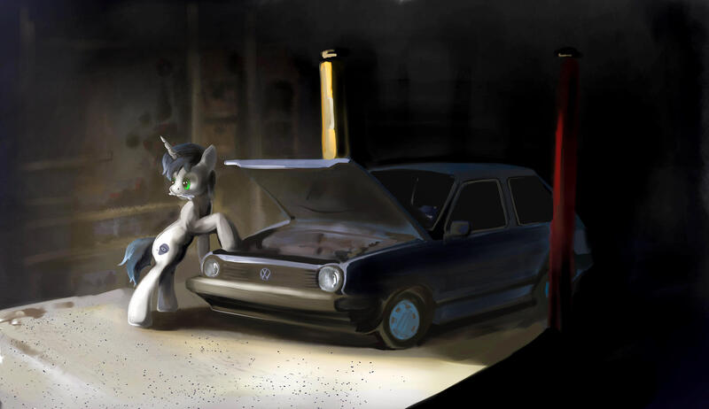 Size: 3222x1861 | Tagged: safe, artist:alexandrvirus, derpibooru import, oc, unofficial characters only, pony, unicorn, car, image, jpeg, looking back, mouth hold, volkswagen, volkswagen golf, wrench