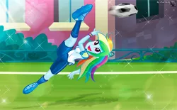 Size: 1573x975 | Tagged: safe, artist:charliexe, derpibooru import, rainbow dash, equestria girls, ball, cleats, clothes, commission, female, football, grass, image, jpeg, kicking, open mouth, shirt, shoes, shorts, soccer shoes, socks, solo, sports, t-shirt