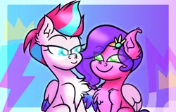 Size: 4800x3060 | Tagged: safe, artist:iceflower99, derpibooru import, pipp petals, zipp storm, my little pony: a new generation, chest fluff, cutie mark, ear fluff, eye clipping through hair, female, g5, hug, image, jewelry, looking at each other, looking at someone, png, siblings, sisters, tiara, video at source, video in description, winghug, wings