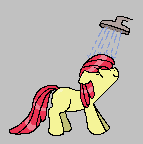 Size: 143x144 | Tagged: safe, artist:somethingatall, derpibooru import, apple bloom, earth pony, pony, aggie.io, eyes closed, female, filly, foal, image, looking up, lowres, png, shower, simple background, smiling, wet