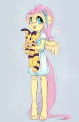 Size: 694x1079 | Tagged: safe, artist:melodylibris, derpibooru import, fluttershy, anthro, pegasus, pony, unguligrade anthro, catbee, clothes, cute, dress, female, filly, filly fluttershy, hair ribbon, image, jpeg, open mouth, open smile, plushie, poppy playtime, ribbon, shyabetes, smiling, solo, younger