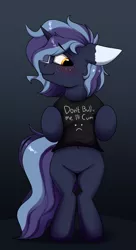 Size: 1378x2533 | Tagged: suggestive, alternate version, derpibooru import, oc, oc:witching hour, pony, unicorn, bipedal, blaze (coat marking), blushing, clothes, coat markings, facial markings, freckles, image, male, png, shirt, solo, solo male