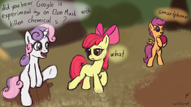 Size: 1280x721 | Tagged: safe, artist:hiddelgreyk, derpibooru import, apple bloom, scootaloo, sweetie belle, earth pony, pegasus, pony, unicorn, ball, bow, clubhouse, cutie mark crusaders, female, filly, foal, grass, hair bow, image, jpeg, sitting, text, wat