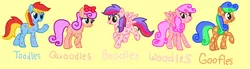 Size: 2194x606 | Tagged: safe, artist:thecircusmaster64, derpibooru import, ponified, earth pony, pegasus, pony, black sclera, blue eyes, boodles, bow, brown eyes, crossover, curly hair, curly mane, curly tail, cute, disney, female, g4, goofles, goofy, hair bow, helpers, image, male, mare, mickey mouse clubhouse, multicolored hair, multicolored mane, multicolored tail, pink hair, pink mane, pink tail, png, quoodles, silly, simple background, smiling, spots, stallion, straight hair, straight mane, straight tail, tail, toodles, woodles, yellow background, yellow eyes