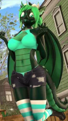 Size: 2160x3840 | Tagged: safe, artist:dongly12, derpibooru import, oc, oc:emerald dusk, anthro, dracony, dragon, hybrid, plantigrade anthro, 3d, :p, anthro oc, boots, breasts, clothes, cute, cute little fangs, denim shorts, ear fluff, fangs, high res, horns, image, png, revamped anthros, shoes, shorts, socks, source filmmaker, thigh highs, tongue out