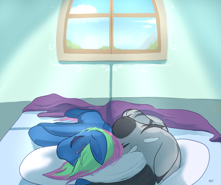 Size: 1786x1500 | Tagged: safe, artist:storyteller, derpibooru import, oc, oc:iin, oc:rowdy spout, unofficial characters only, pegasus, zebra, bed, blanket, cuddling, cute, image, png, sleeping, window