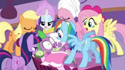 Size: 1920x1080 | Tagged: safe, derpibooru import, screencap, applejack, fluttershy, pinkie pie, rainbow dash, rarity, spike, twilight sparkle, earth pony, pegasus, unicorn, ponyville confidential, butt, cucumber, female, food, image, male, mane seven, mane six, png, rainbutt dash, spike gets all the mares, spread wings, straight, twibutt, wings