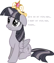 Size: 3000x3469 | Tagged: safe, artist:cloudyglow, artist:wardex101, derpibooru import, edit, twilight sparkle, twilight sparkle (alicorn), alicorn, pony, princess twilight sparkle (episode), big crown thingy, cute, depressed, discorded, discorded twilight, element of magic, female, floppy ears, high res, image, jewelry, mare, png, regalia, sad, simple background, sitting, solo, text, transparent background, twiabetes, twilight tragedy, vector