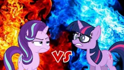 Size: 1280x720 | Tagged: safe, derpibooru import, sci-twi, starlight glimmer, twilight sparkle, ponified, pony, unicorn, equestria girls, angry, duel, equestria girls ponified, gritted teeth, image, jpeg, meme, special eyes, starlight glimmer is not amused, teeth, unamused, unicorn sci-twi, vs