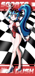 Size: 2139x4565 | Tagged: suggestive, artist:danmakuman, derpibooru import, sonata dusk, human, absolute cleavage, breasts, checkered flag, cleavage, clothes, glasses, gloves, humanized, image, long gloves, looking at you, png, shoes