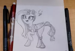 Size: 2439x1637 | Tagged: safe, artist:engi, derpibooru import, kerfuffle, pegasus, pony, rainbow roadtrip, amputee, clothes, female, happy, image, jpeg, open mouth, pencil, pencil drawing, photo, pincushion, prosthetic leg, prosthetic limb, prosthetics, raised hoof, simple background, solo, traditional art