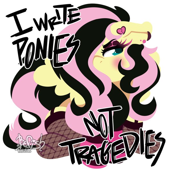 Size: 3000x3000 | Tagged: safe, artist:befishprod, derpibooru import, fluttershy, pegasus, pony, alternate hairstyle, blushing, cute, dialogue, ear piercing, earring, female, fishnets, fluttergoth, hair over one eye, high res, i write sins not tragedies, image, jewelry, jpeg, looking at you, mare, multicolored hair, piercing, shyabetes, signature, simple background, solo