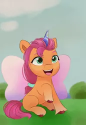 Size: 1362x1984 | Tagged: safe, artist:pipp_petal, derpibooru import, sunny starscout, earth pony, pony, cute, fake horn, fake wings, female, filly, filly sunny starscout, foal, g5, happy, image, jpeg, raised hoof, sitting, sunnybetes, unshorn fetlocks, younger