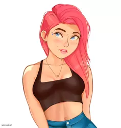 Size: 1782x1876 | Tagged: safe, artist:noah-x3, derpibooru import, oc, oc:neon flare, unofficial characters only, human, bra, breasts, clothes, crop top bra, denim, eyebrows, female, humanized, humanized oc, image, jeans, jpeg, looking at you, pants, pink hair, solo, underwear