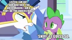 Size: 884x500 | Tagged: safe, derpibooru import, edit, edited screencap, screencap, shining armor, spike, dragon, pony, unicorn, the times they are a changeling, angry, armor, duo, image, jpeg, male, mouthpiece, op is a duck, out of character, royal guard armor, sad, text