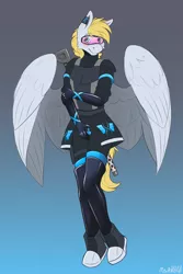 Size: 3000x4500 | Tagged: suggestive, artist:miramore, derpibooru import, oc, oc:cutting chipset, anthro, pegasus, plantigrade anthro, armor, blushing, boots, clothes, covering, covering crotch, ear blush, gloves, gun, image, latex, latex boots, latex gloves, latex suit, lock, male, military, png, rifle, shoes, skirt, solo, solo male, spread wings, standing, visor, weapon, wings