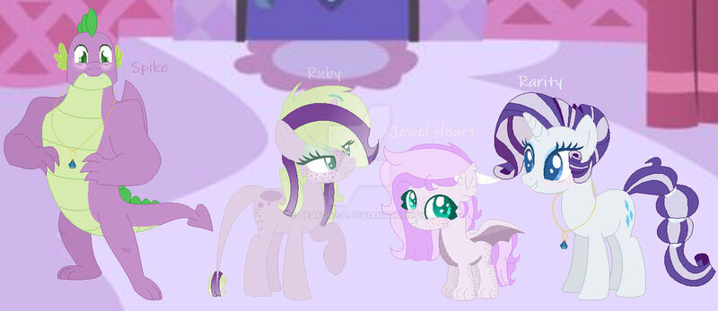 Size: 1280x555 | Tagged: safe, artist:teafor2-d, derpibooru import, rarity, spike, oc, oc:jewel heart, oc:ruby, dracony, hybrid, pony, unicorn, base used, carousel boutique, deviantart watermark, family, female, filly, foal, gigachad spike, image, interspecies offspring, jpeg, male, mare, obtrusive watermark, offspring, older, older spike, parent:rarity, parent:spike, parents:sparity, shipping, sparity, straight, watermark