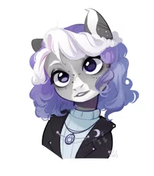 Size: 1332x1524 | Tagged: safe, artist:fedos, derpibooru import, oc, unofficial characters only, earth pony, pony, blaze (coat marking), clothes, coat markings, facial markings, female, image, jacket, jewelry, jpeg, leather jacket, necklace, solo, star of david, sweater